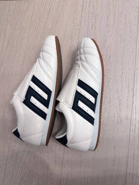 Women's White Leather Athletic Slip on Sneakers with Navy Stripes